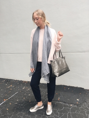 MM6 blush sweatshirt, Ulla Johnson navy embroidered sweatpants, BMAY metallic carry-all, Seavees metallic slip-on sneaker. The best part of this outfit: shoes are easy to slide on and off, this handbag with fit all of your airport essentials! 