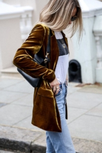 Velvet blazer: paired with a graphic tee, and denim 