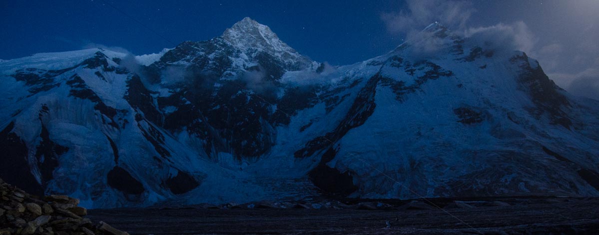 A night shot of Khan Tengri and Peak Chapayev.