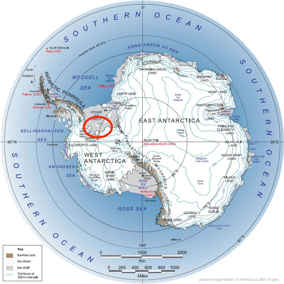 Antarctica with the area we worked in circled in red.