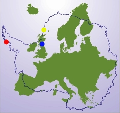 Image of Antarctica with Europe overlaid for comparison (Red dot is approximate location of Rothera, Blue is the field site and Yellow is Halley VI)
