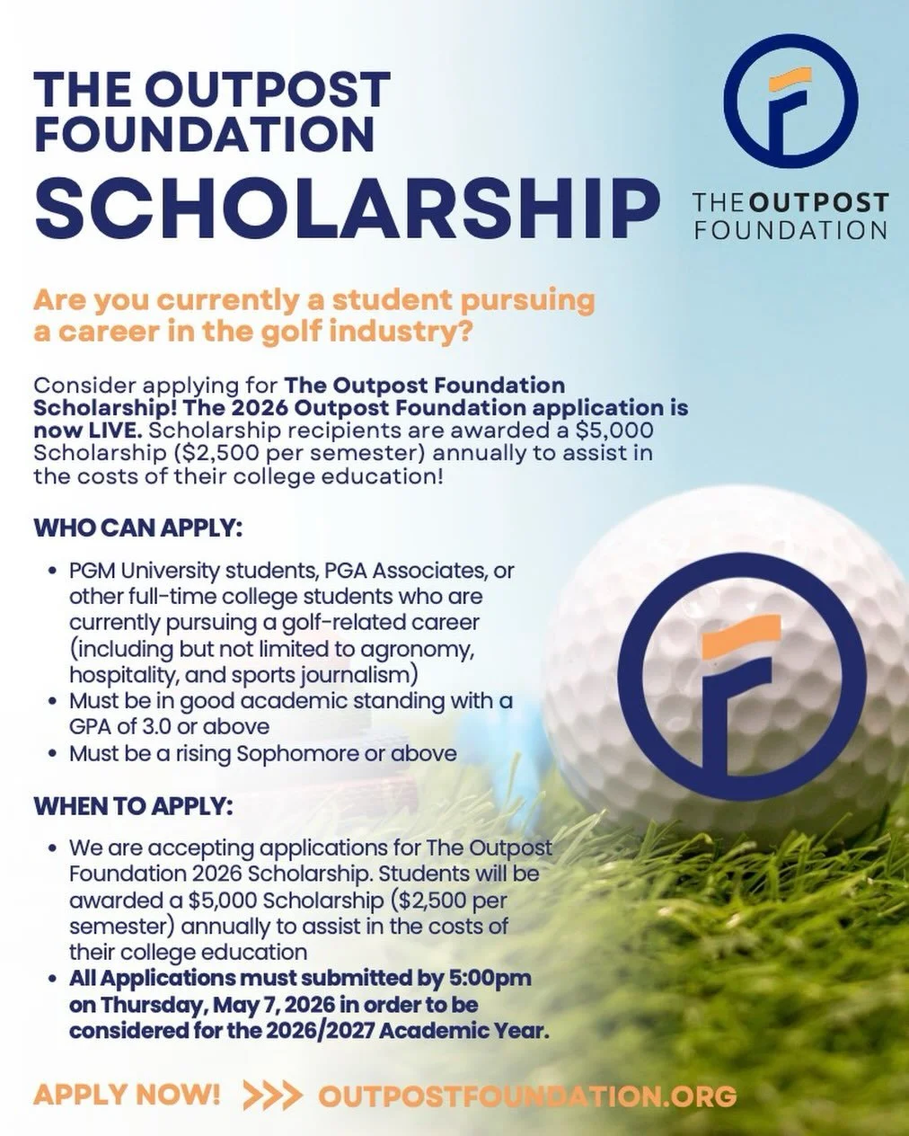 We&rsquo;re looking for students seeking careers in the golf industry for our 2026 Scholarship Class. See the flyer above or visit our website for more details. And please send to anyone who may be interested.