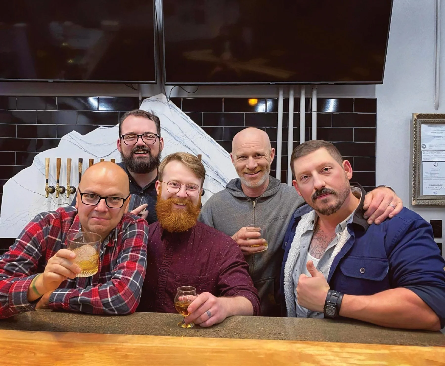   Left to right, back row: Corey Brister & Cory Hughes of Palmer Alehouse    Left to tight, front row: Kelly Turney of Alaska Picker, Zack Lanphier and Stefan Marty with Bleeding Heart Brewery   The guys from Palmer Alehouse, Alaska Picker and Bleeding Heart Brewery worked together for Booze N Food: Bourbon Dinner 