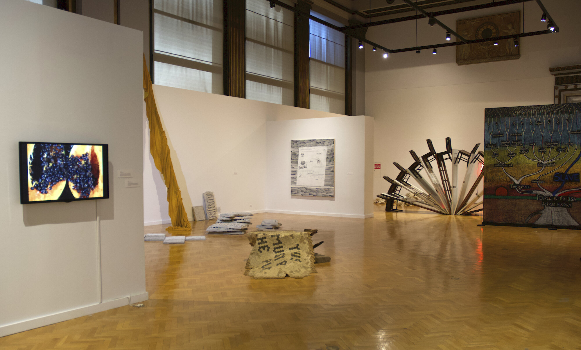  Installation view of works, left to right: Emilio Rojas, Amanda Assaley and Qais Assali, Wen Liu, Derek Chan, Alberto Aguilar, Eugenia Cheng 