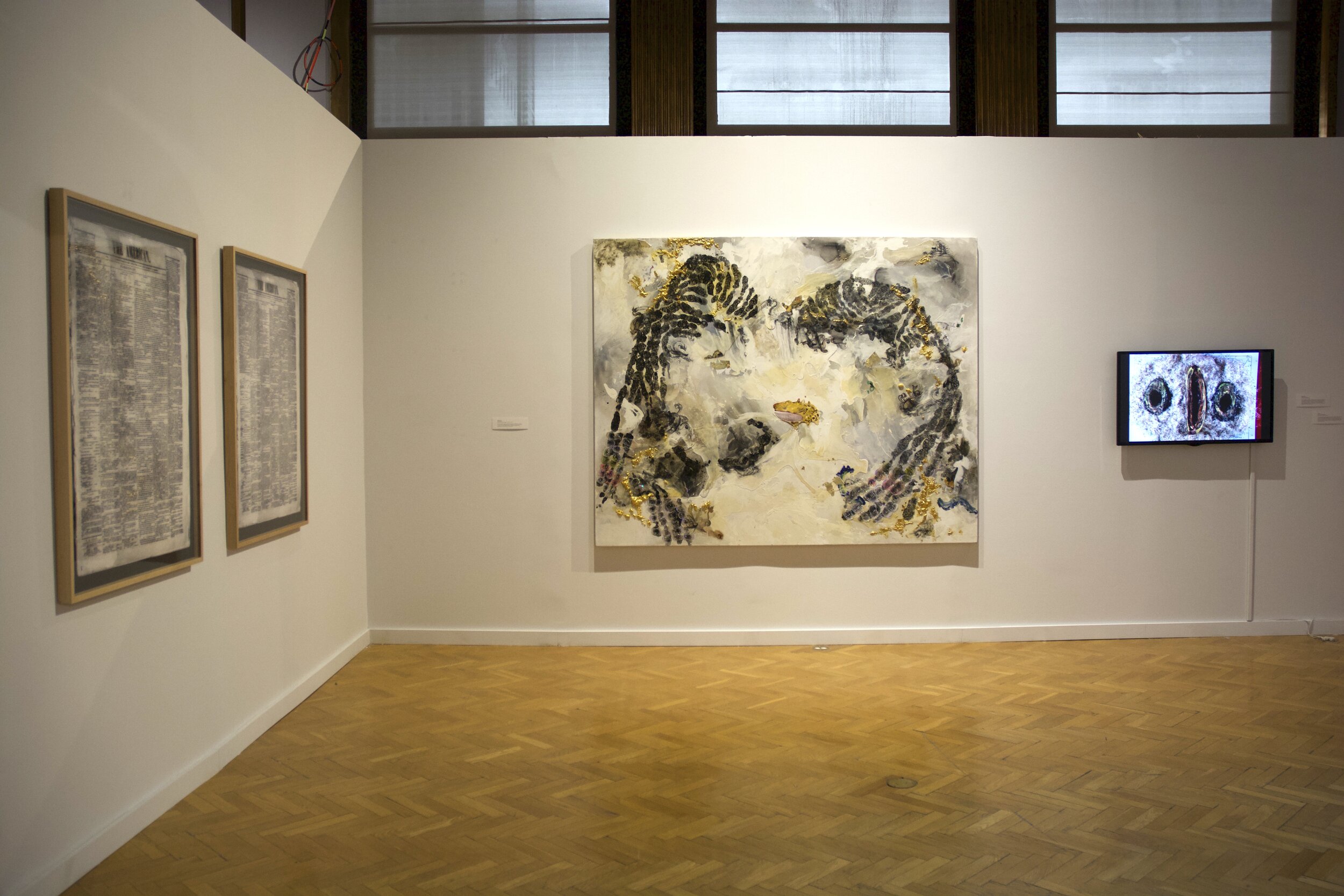  Installation view of works, left to right: Julietta Cheung, Sherwin Ovid, and Emilio Rojas. 