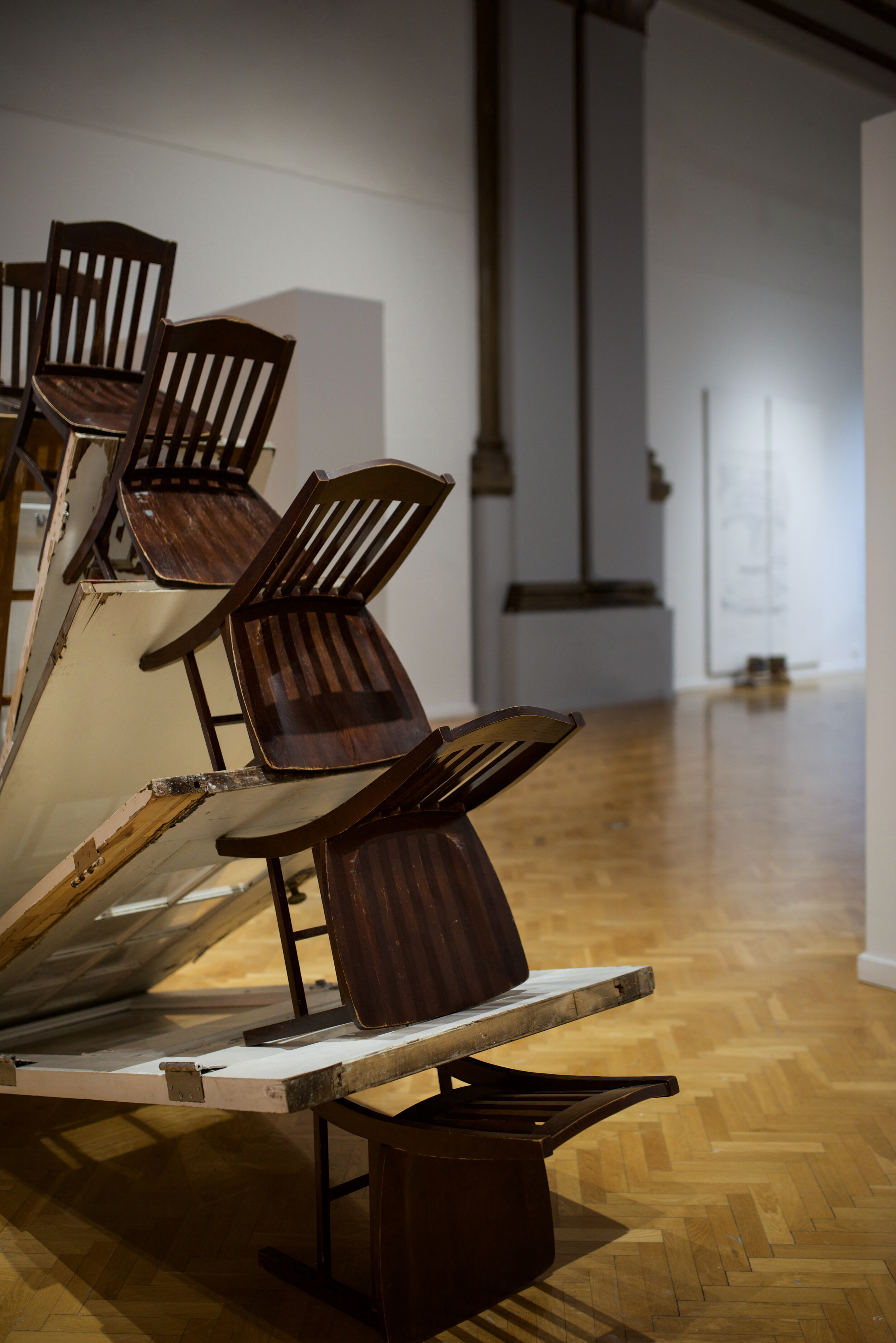  Installation view of work by Alberto Aguilar (foreground), Emilio Rojas (background) – photo by Gloria Arroyo. 