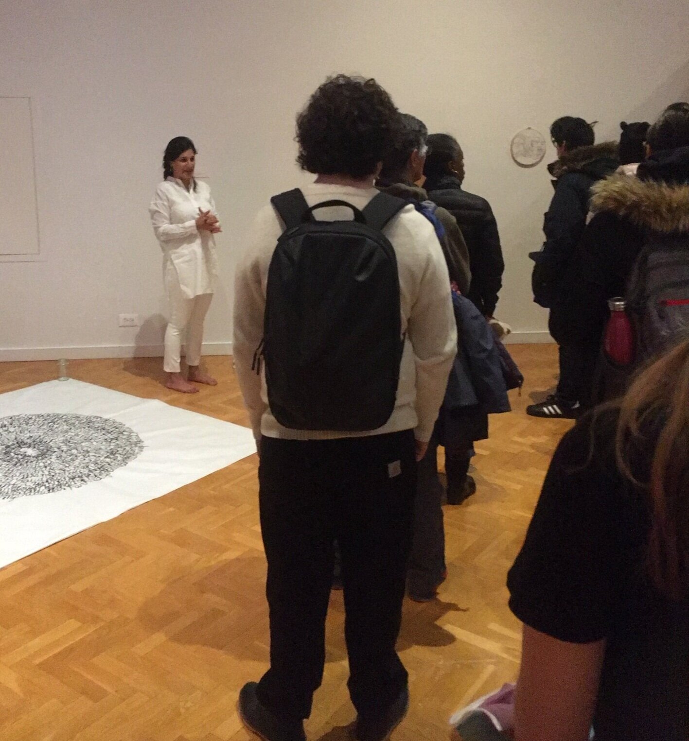  Sabba Elahi speaking with visitors to  In Flux: Chicago Artists and Immigration  at Chicago Cultural Center in early March 2020. 