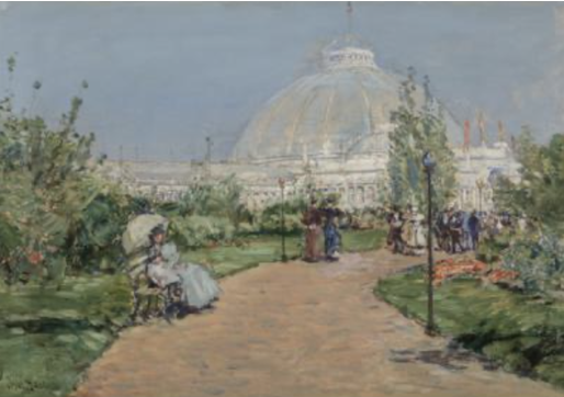 Childe Hassam.  Columbian Exposition, Chicago  1892. Gouache "en grisaille" over graphite on tan wove paper. 10 5/8 x 14 in. (27.0 x 35.6 cm) Terra Foundation for American Art, Daniel J. Terra Collection, 1992.38. 