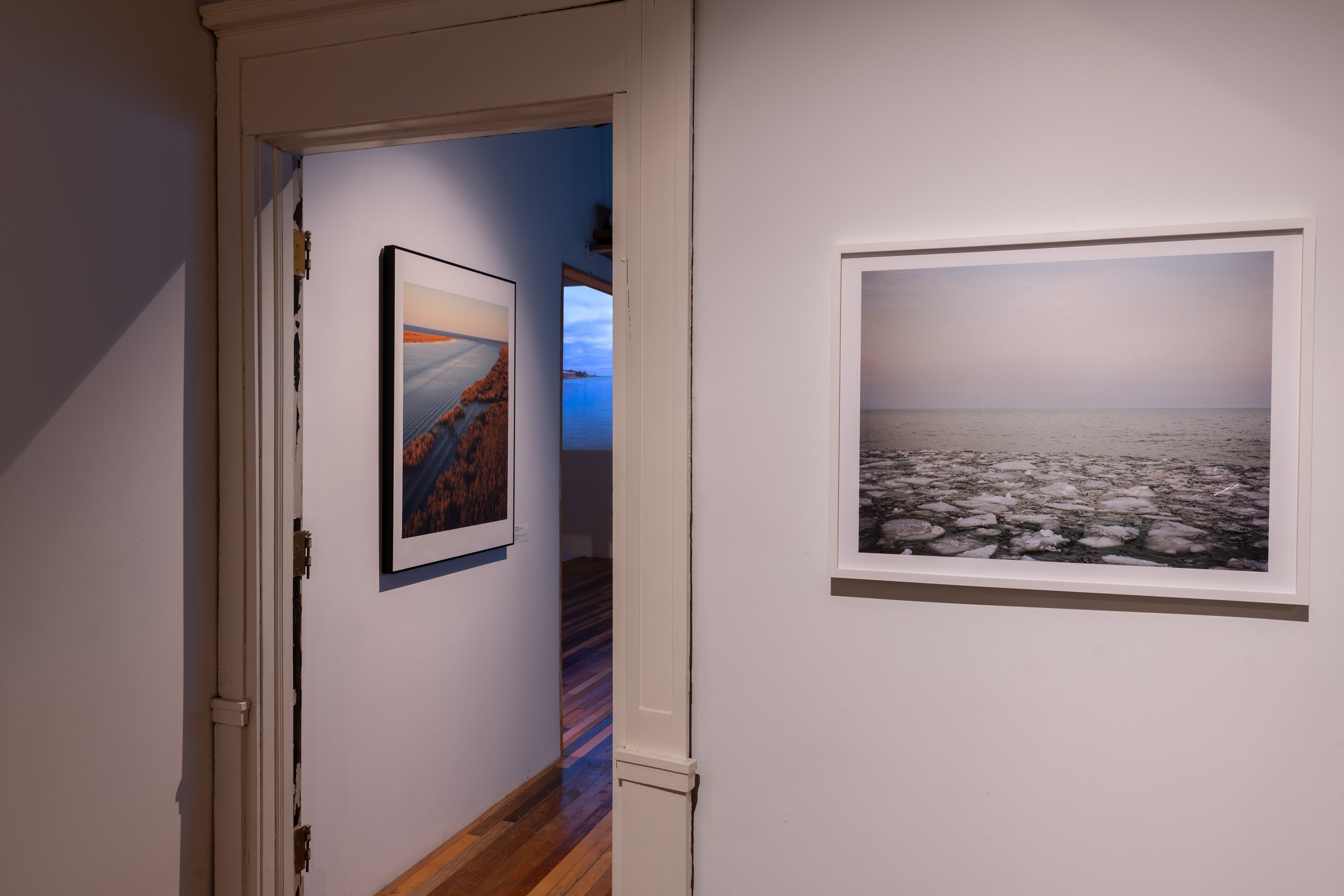  Left: Virginia Hanusik –  The End of the Mississippi River in Port Eads, Louisiana , 2020; right: Jin Lee – from the  Great Water  series – photography by Nathan Keay 