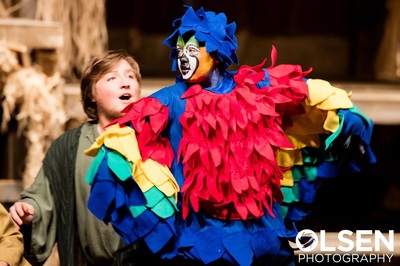 Parrot costume designed by Miranda for Noah's Ark one-act production.