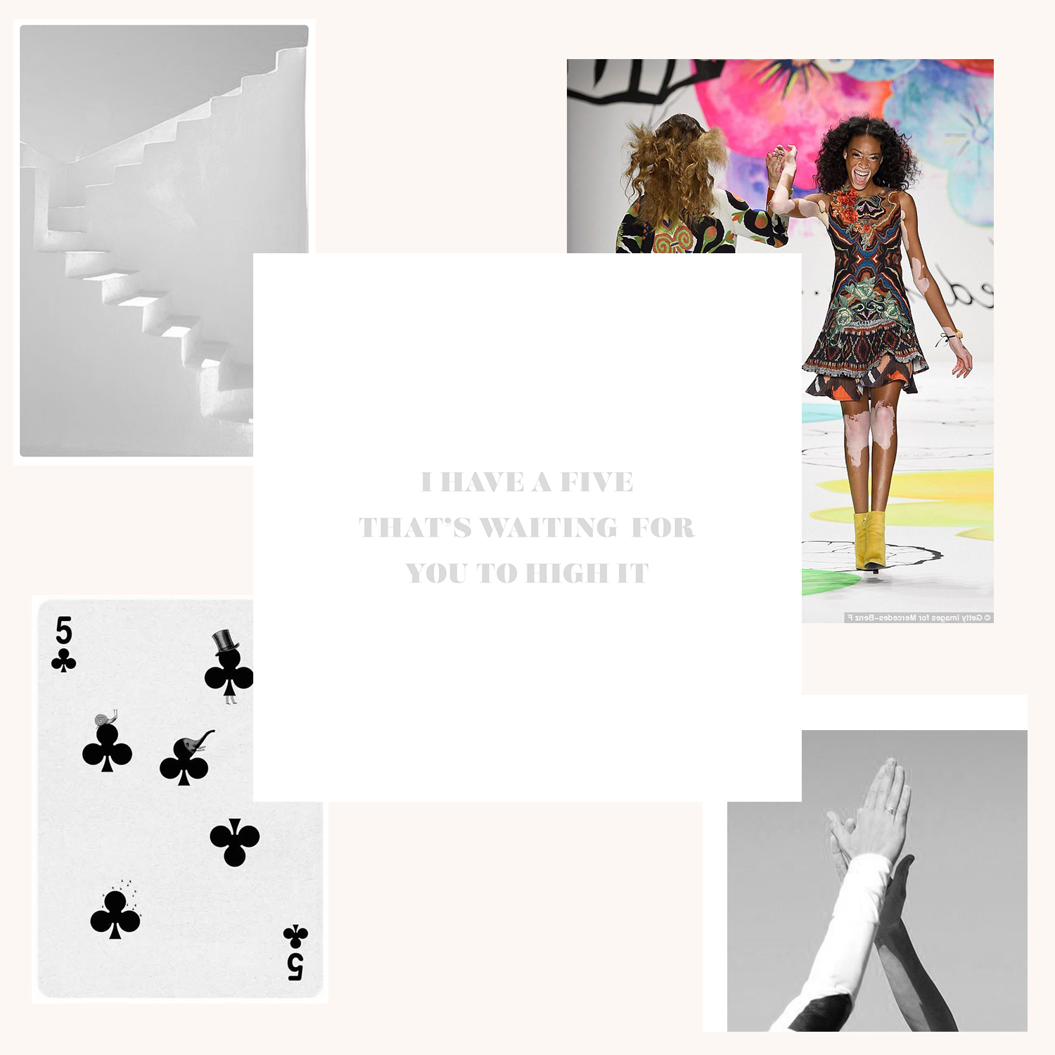 Clean, bold lines of steps in Santorini + Desigual models sharing a fun catwalk five + high-fiving hands during a workout + a Jonathan Burton playing card = LoweCo.'s "I Have A Five That's Waiting For You To High It" card