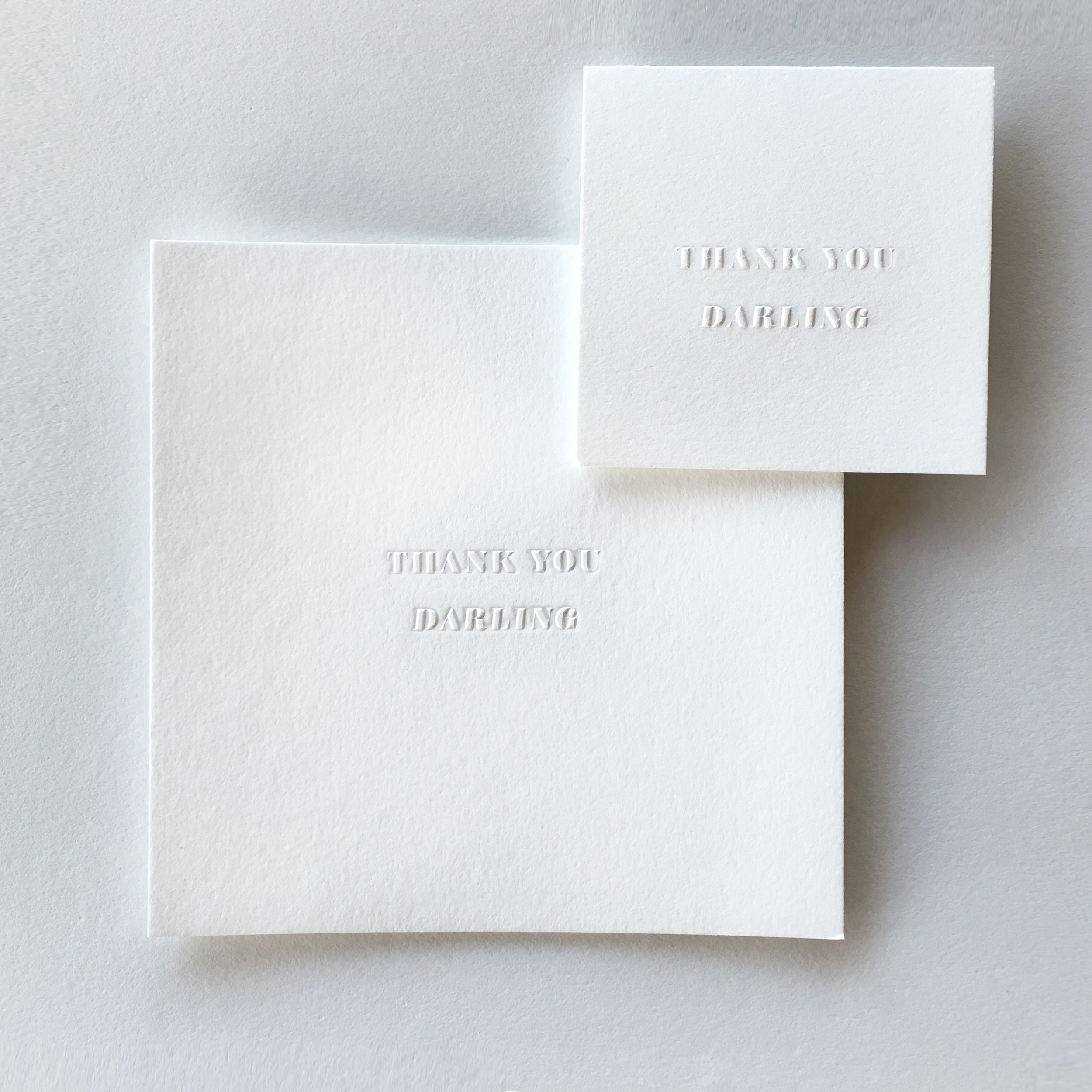 Our blind embossed Thank You Darling Large (macho) and Mini (poco) cards exclusive to The Charity Market by The Divine Addiction.