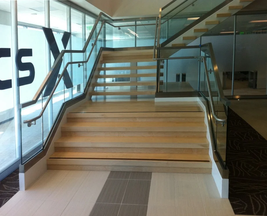 Feature stair including glass and stainless guardrail; Flextronics, San Jose; Legacy Partners
