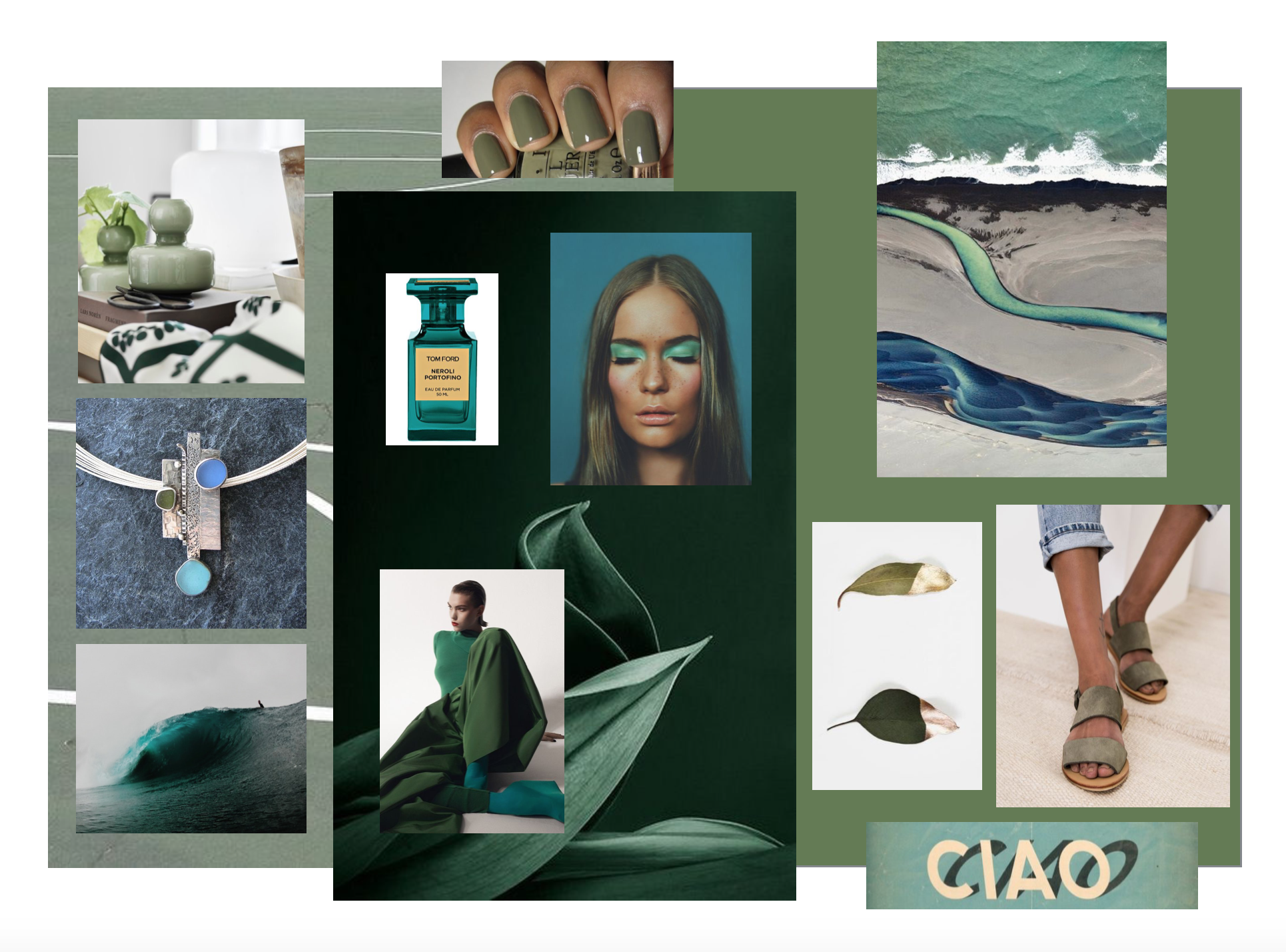INSPIRED BY Left to right: Marimekko Olive Flower Vase with Hortensie fabric (white & dark green) /OPI "Uh oh, roll down the window" nail polish /' Iceland' photo by Victoria Rogotneva / Seaglass Jewelry by Monica Branstrom / Tom Ford, Private Blend Neroli Portofino Eau de Parfum / Aqua Eyeshadow / 'We watch as a huge perfect wave passes us by' image by Kollenda / Olive wide leg pants and Aqua platform shoes / Gold dipped Green leaves. / JUN Olive Suede Sandal by St. Agni / 'Ciao' by Anne-Sophie Tschiegg / Tennis Courts / The colors, Olive and Aqua.
