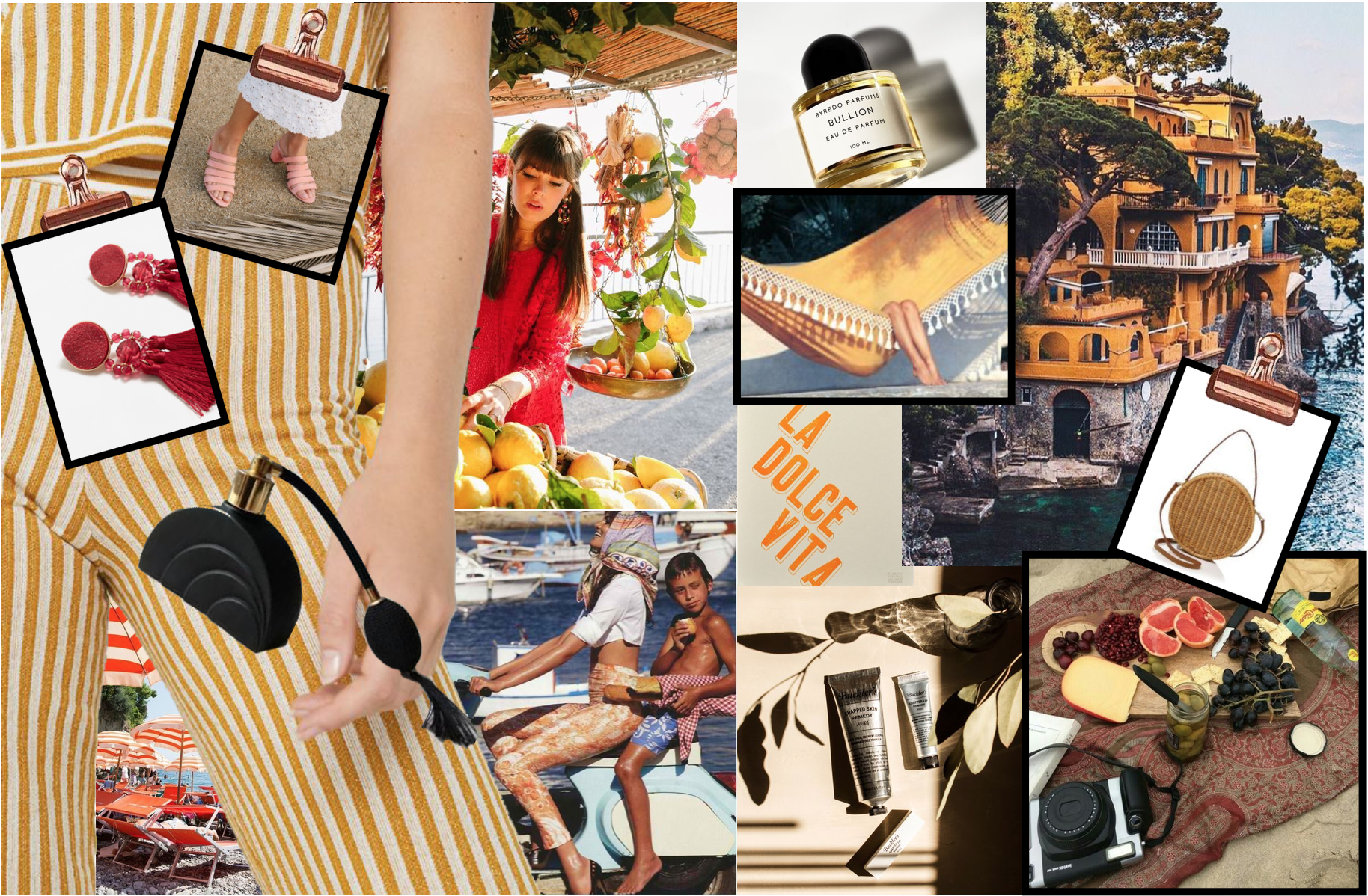  Top to Bottom: FINLEY STRAPPY MULE by Loeffler Randall / Tassels pendant earrings by Mango / Destiny Circle Basket Ba by Serpui / Striped knit trouser and top by Mango / Vintage Perfume Bottle/ Bullion Eau de Parfum by Byredo / All things Italian (leisure, food, entertainment etc.)