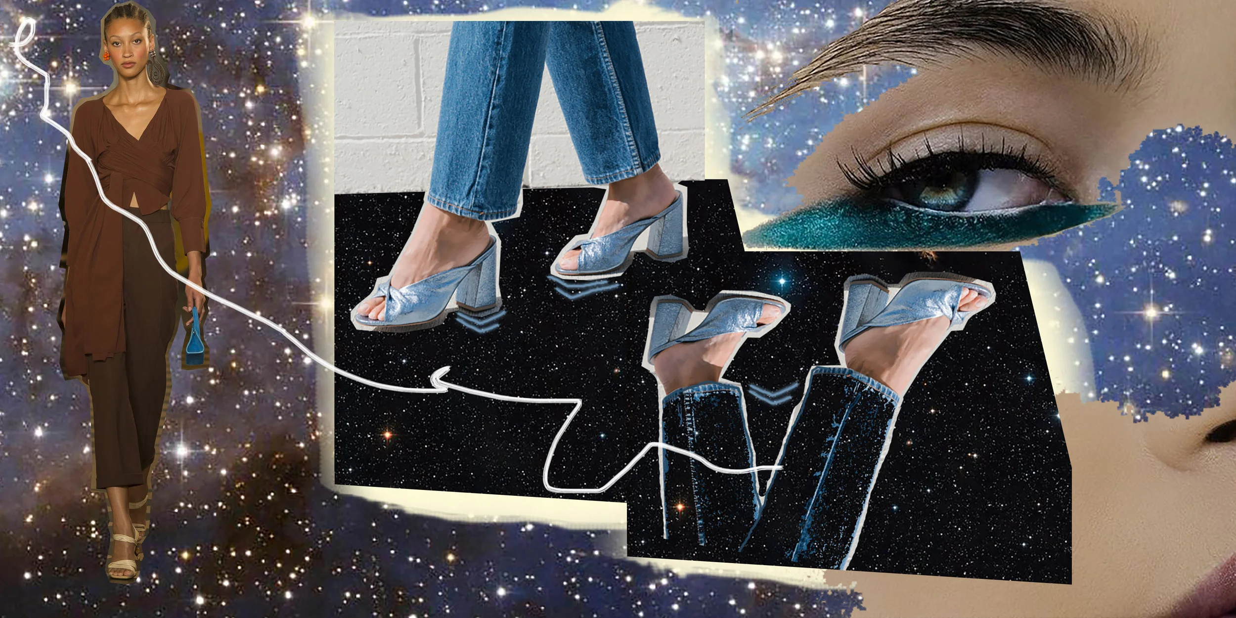 Left to right: Jacquemus SS18 RTW Collection / Loeffler Randall Laurel Twist Mules / Makeup by Theresa Francine / Space Images. Vision Board curated by me.
