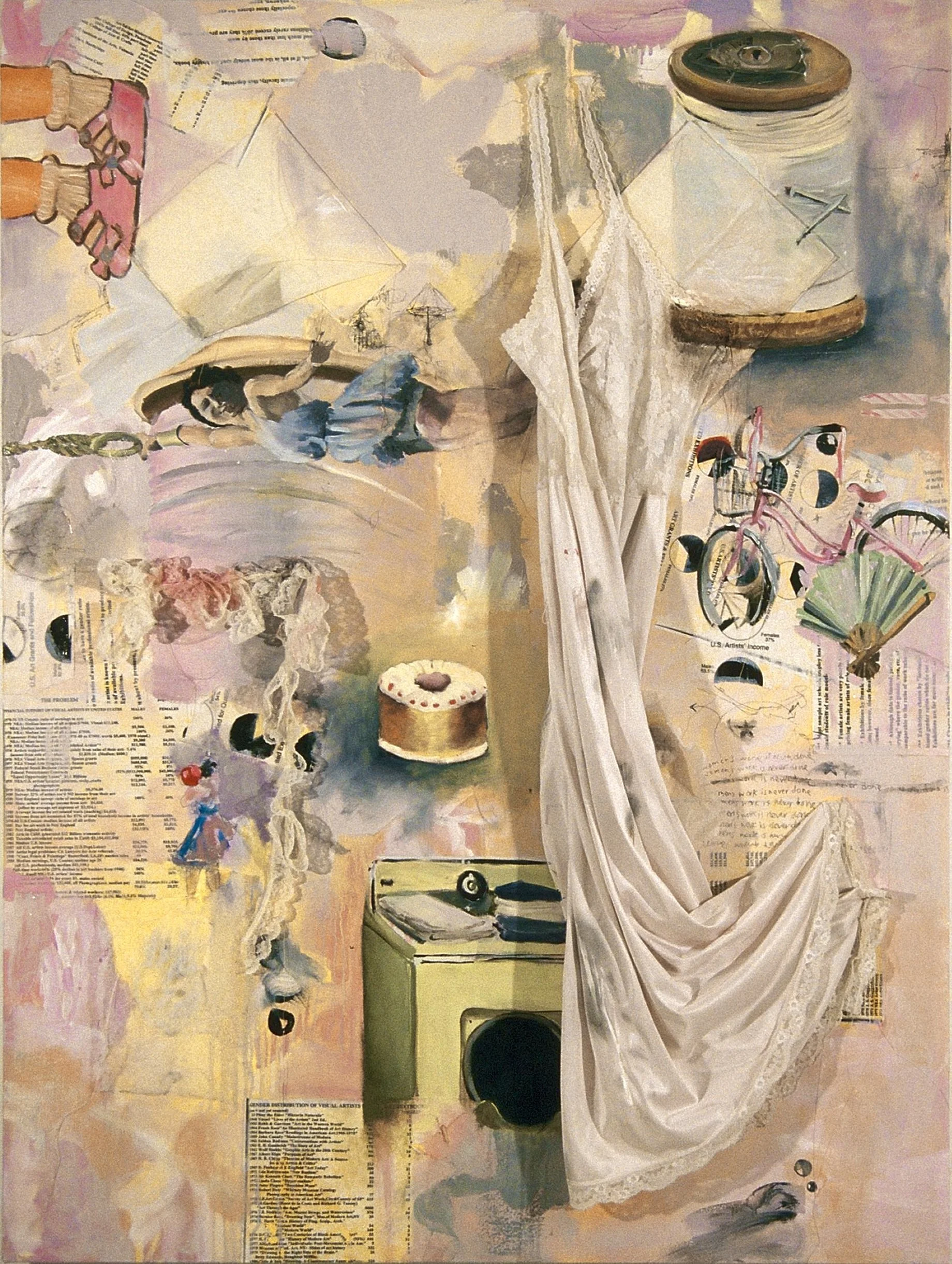  oil painting and mixed media, feminist art, vintage, nostalgic, pink, collage 