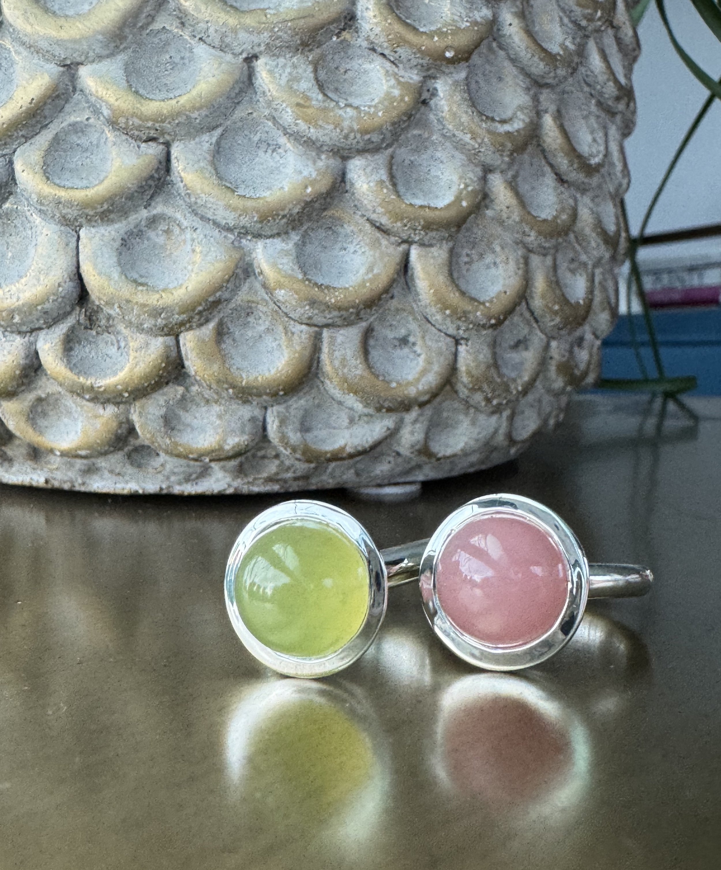Indonesian Vesuvianite and Guava Quartz Silver Stacking Rings.jpeg