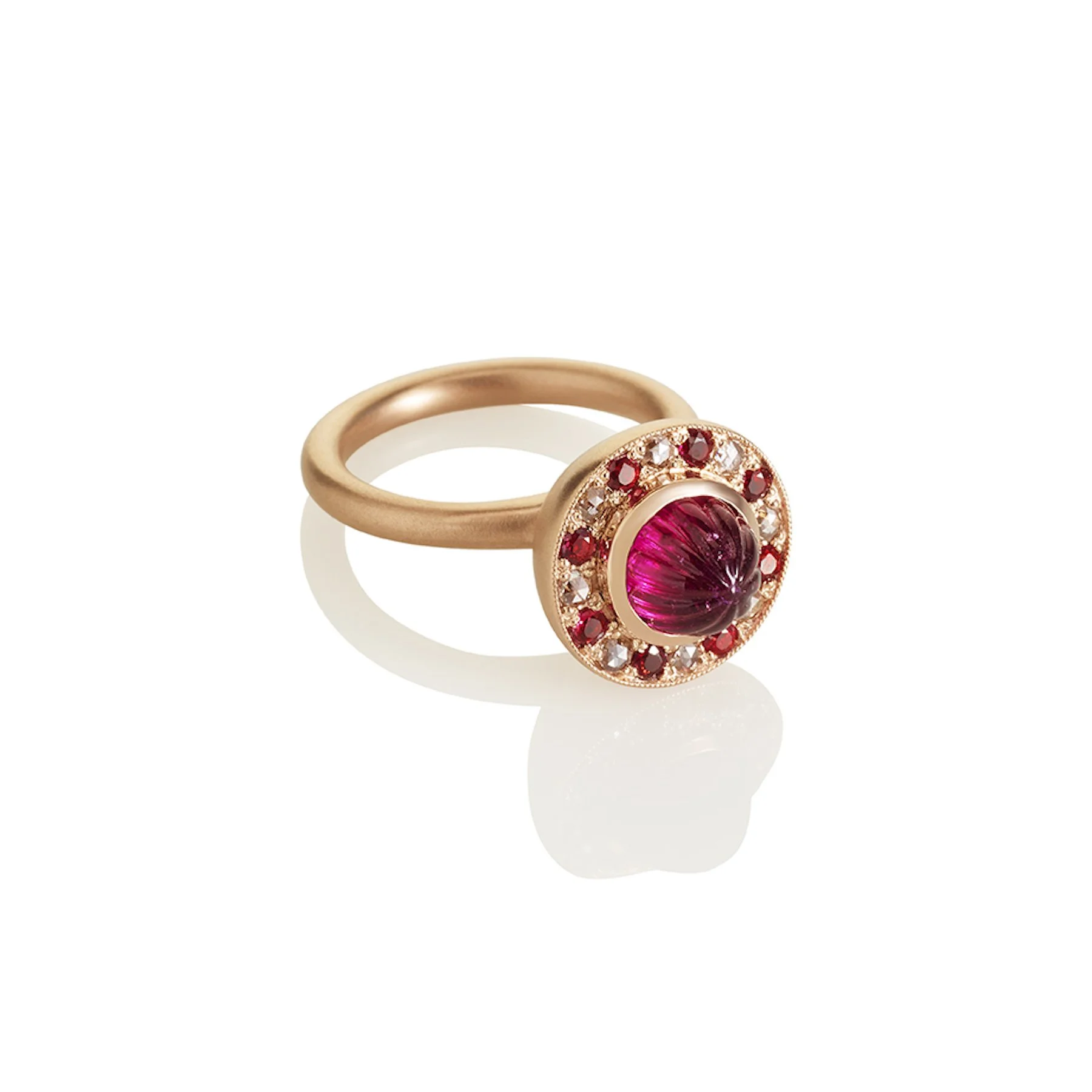 Carved Rubellite with Burmese Spinel and Rose Cut Diamonds