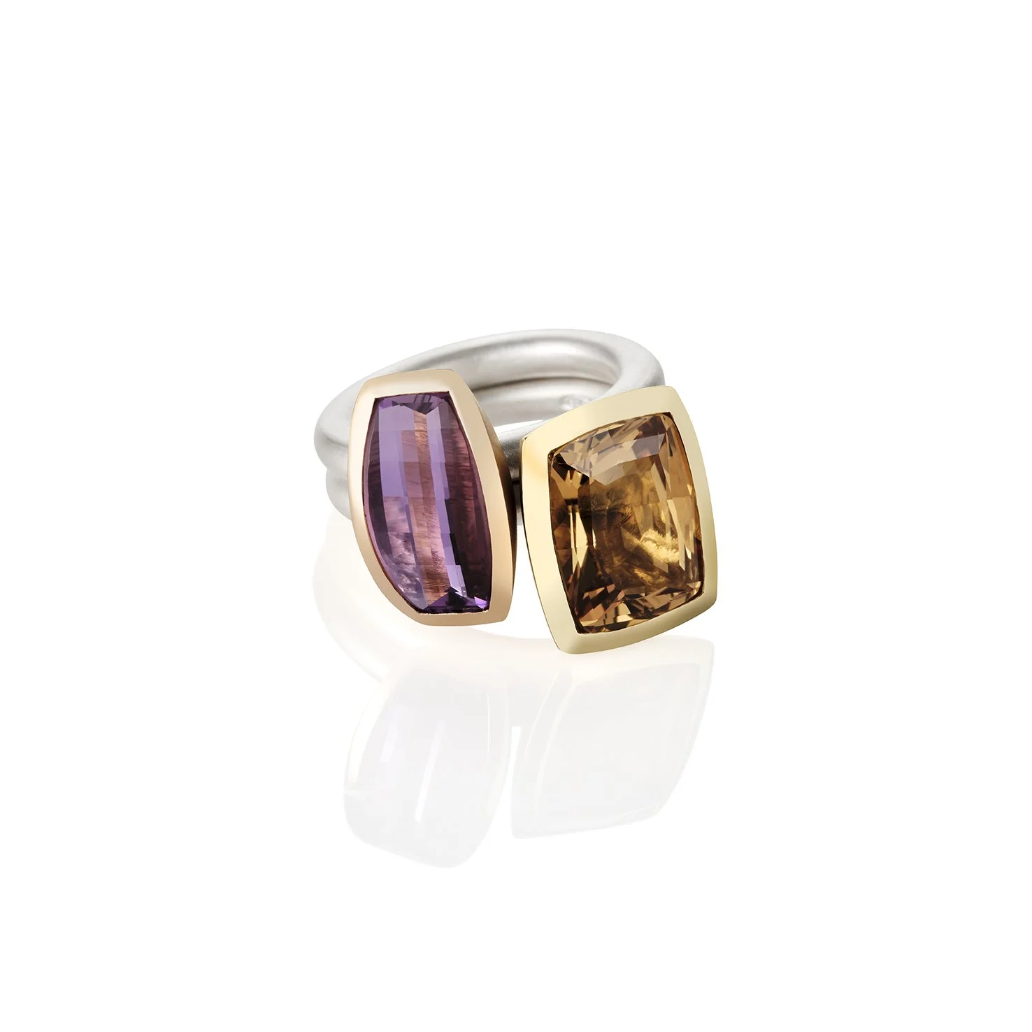 Step Cut Barrel Rose de France Amethyst and Pillow Cut Bolivian Citrine Stacking Rings