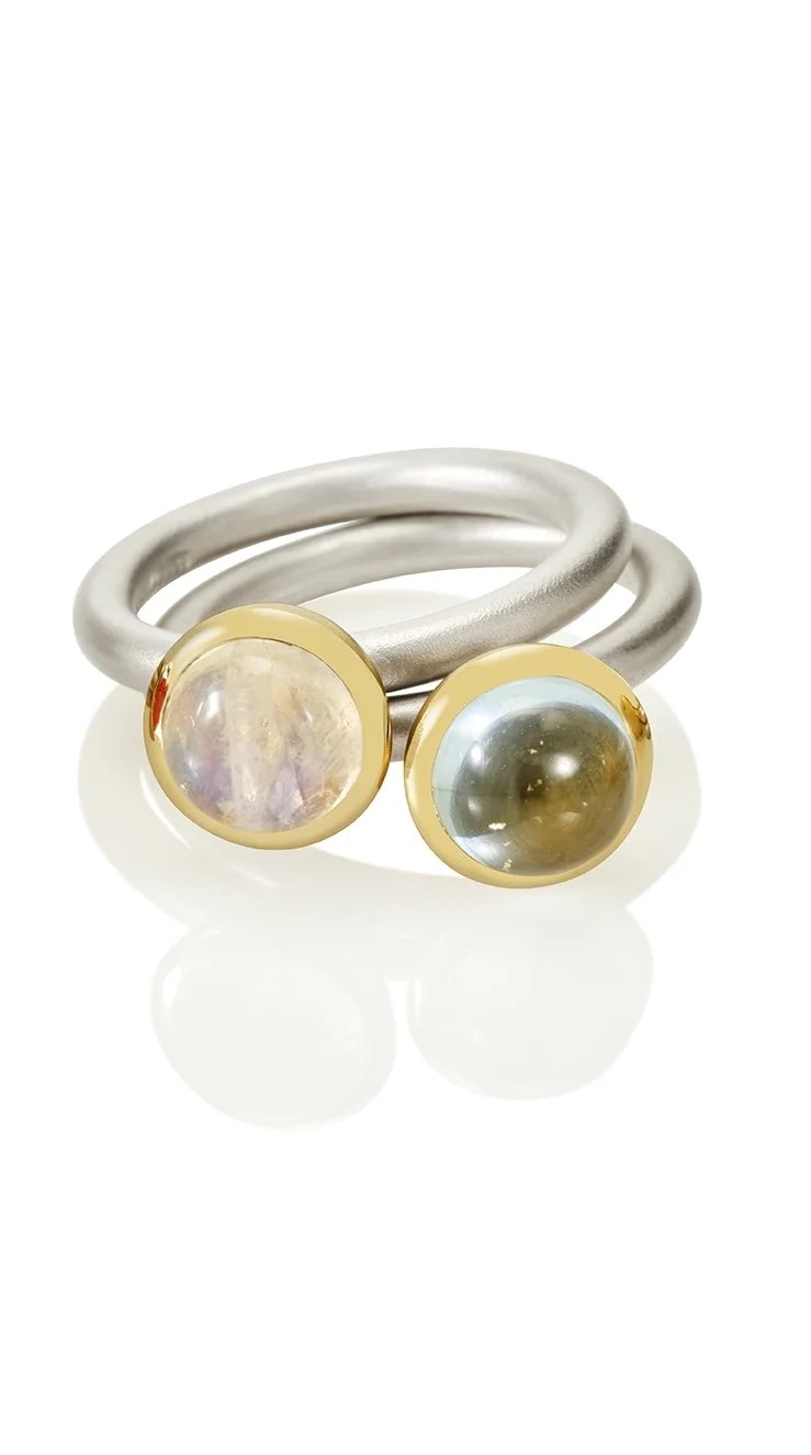 Les Petites: Rainbow Moonstone and Blue Topaz Cabochon Two Tone Stacking Rings