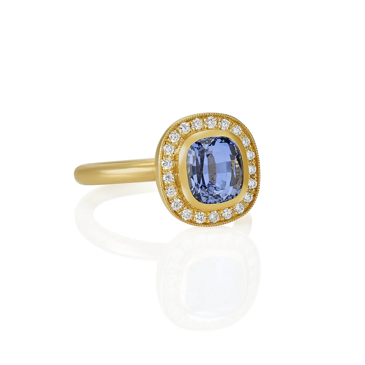 Cushion Ceylon Cornflower Blue Sapphire with a Halo of Diamonds