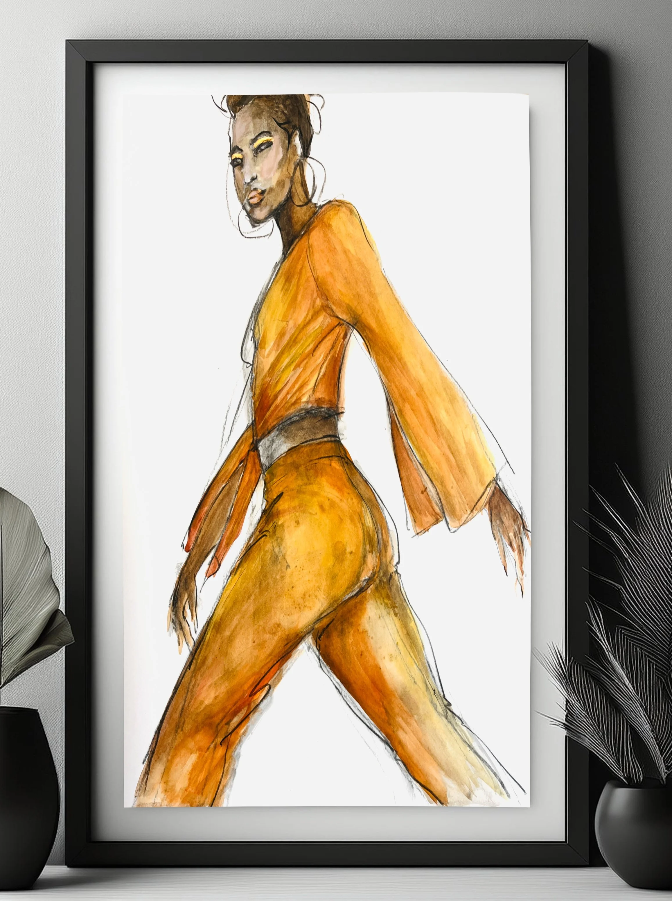 Fashion illustration in vibrant golden hues of a stylish woman, exuding elegance and movement.