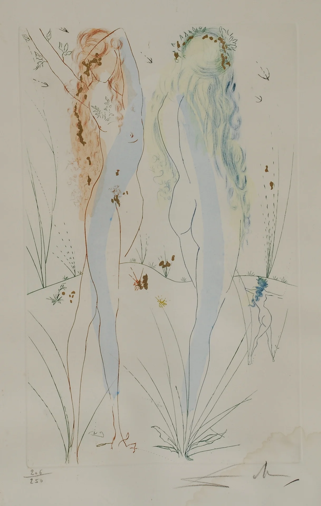 elyssediamond :
hipinuff :
Nymphs , Salvador Dali
1920
Actually this is the “Return, oh, Shulamite” from Dali’s “Song of Songs”.
It’s a beautiful collection of etchings, you can see the rest of it here , The images don’t do it justice, it’s such a delicately made collection and the reflections from the gold dust make the figures look like they are going to jump right out of the paper and start dancing around you.
