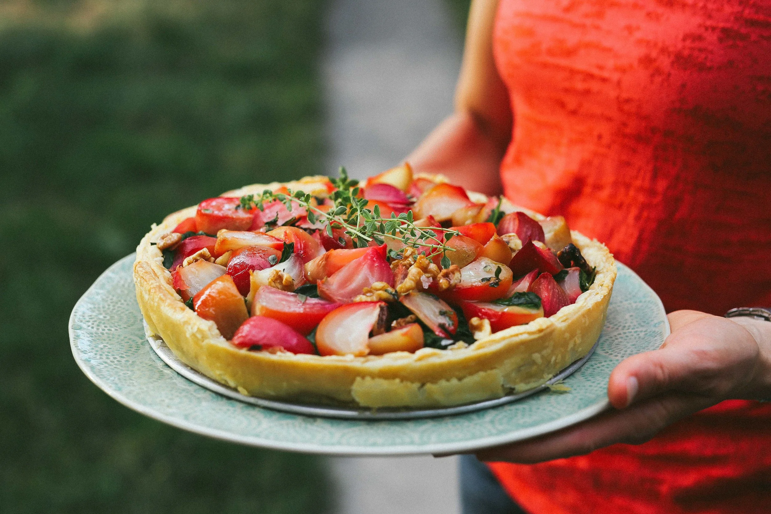 chiogga beet tart with ricotta, caramelized onions, walnuts, and lemon thyme | field + forest