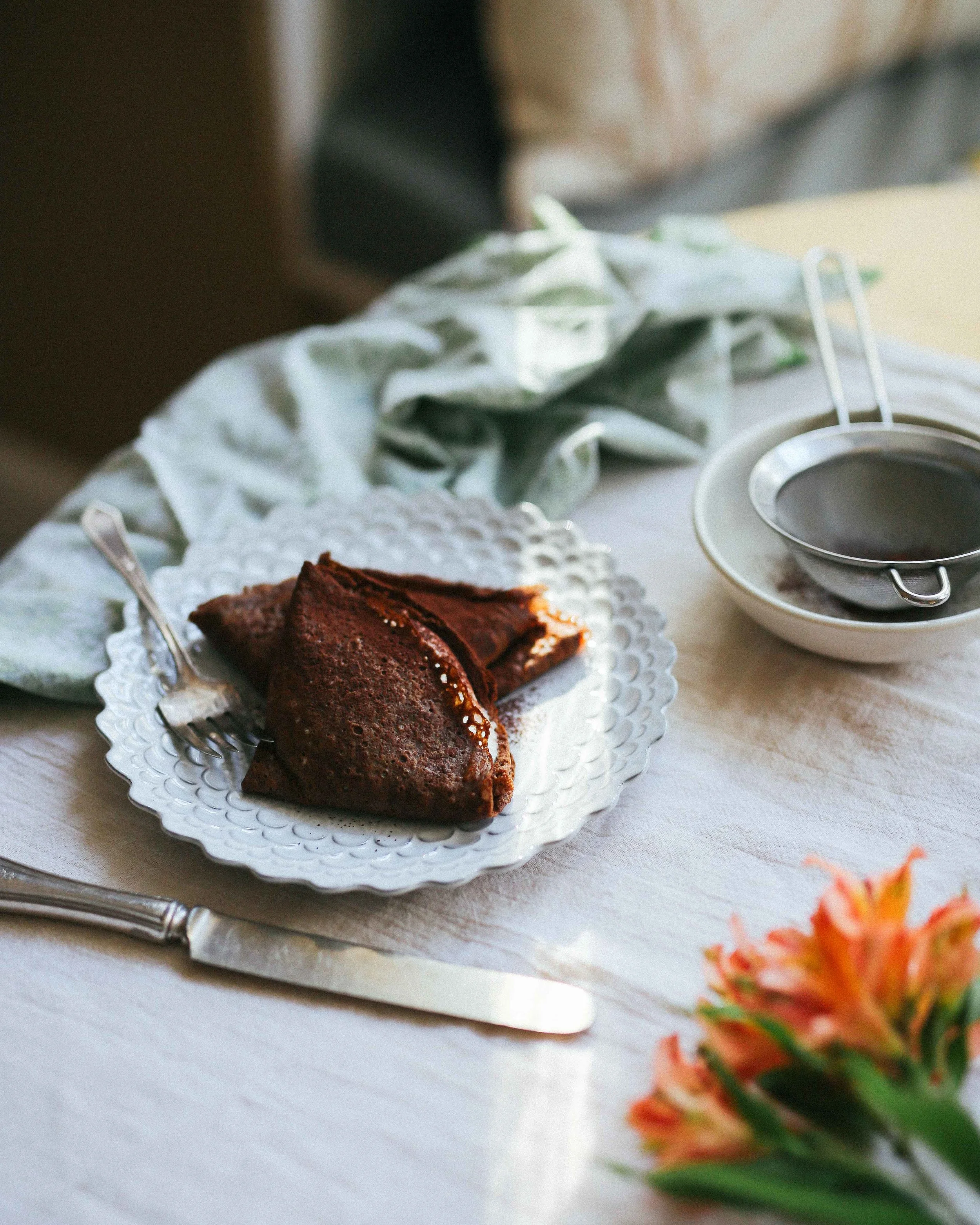 chocolate stout crepes with whiskey ricotta