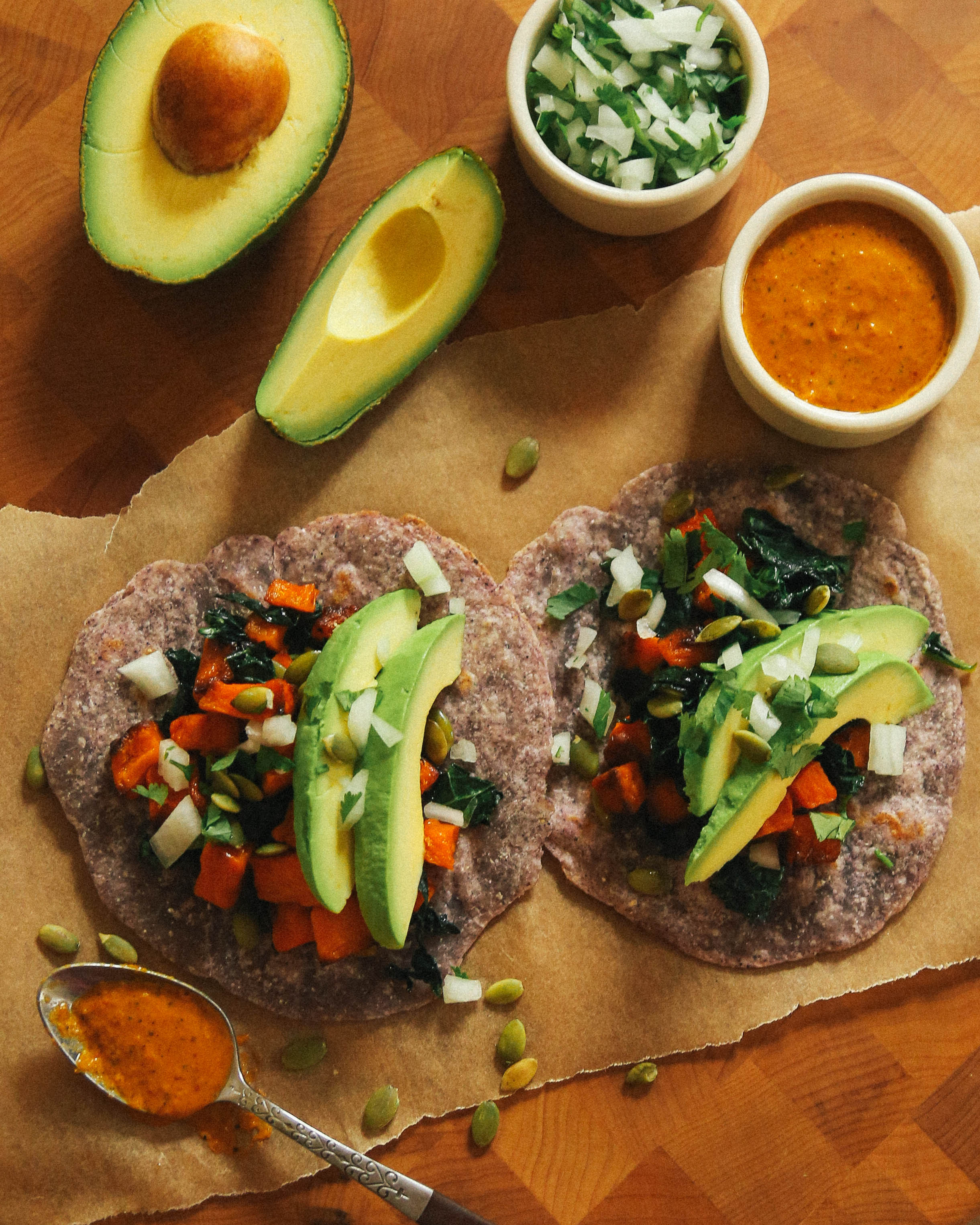 vegan vegetable tacos with aji amarillo sauce