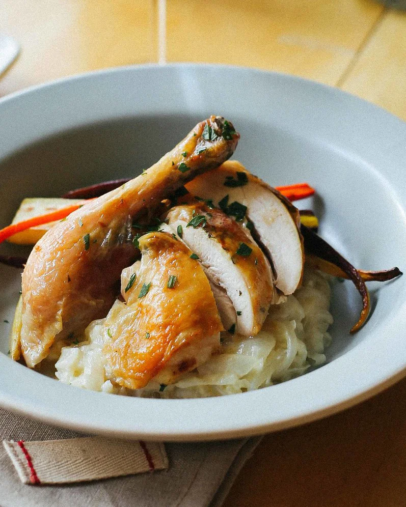a rather french roasted chicken (with tarragon, brandy, and cream)