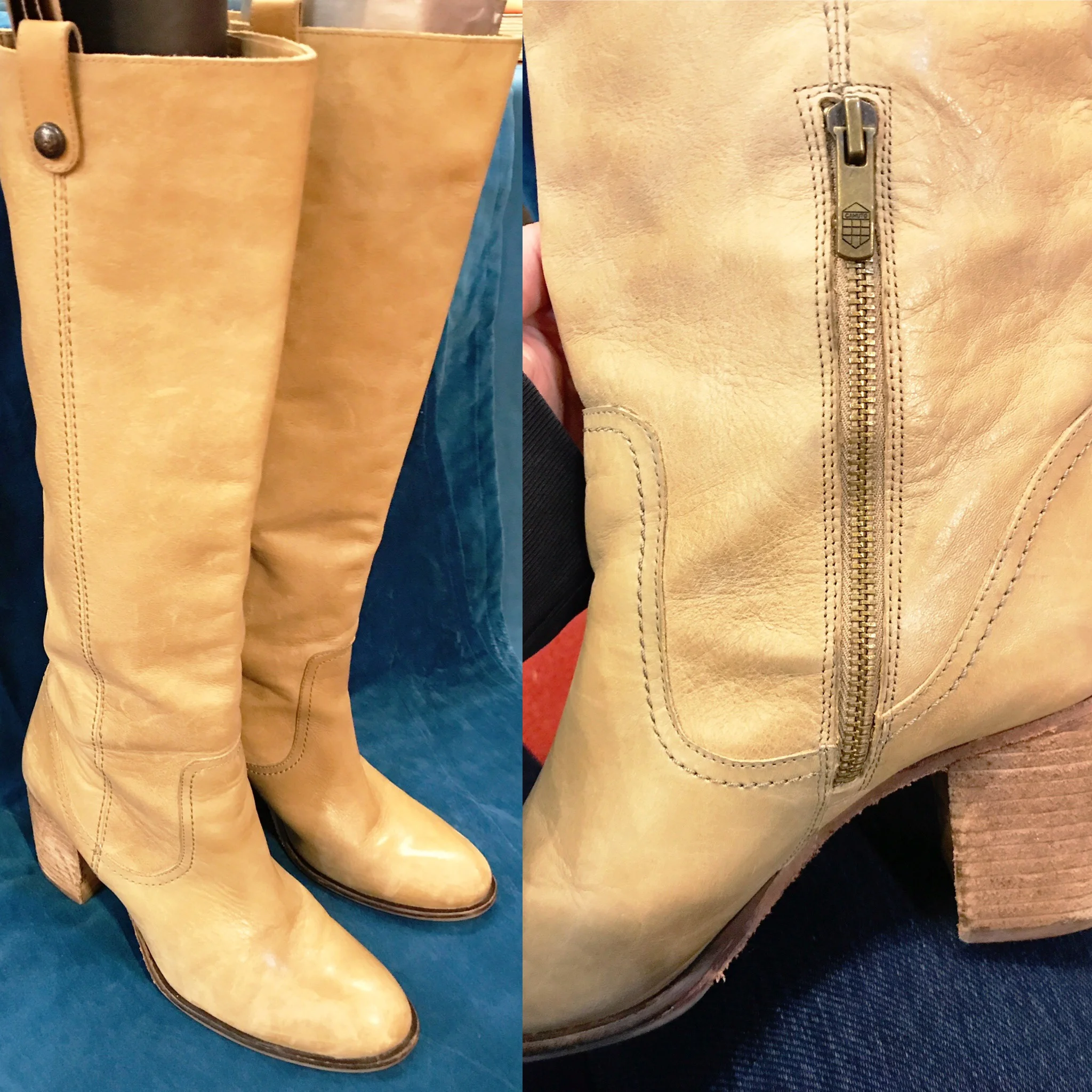 Vince Camuto block heel sand boots, $44, size 8
