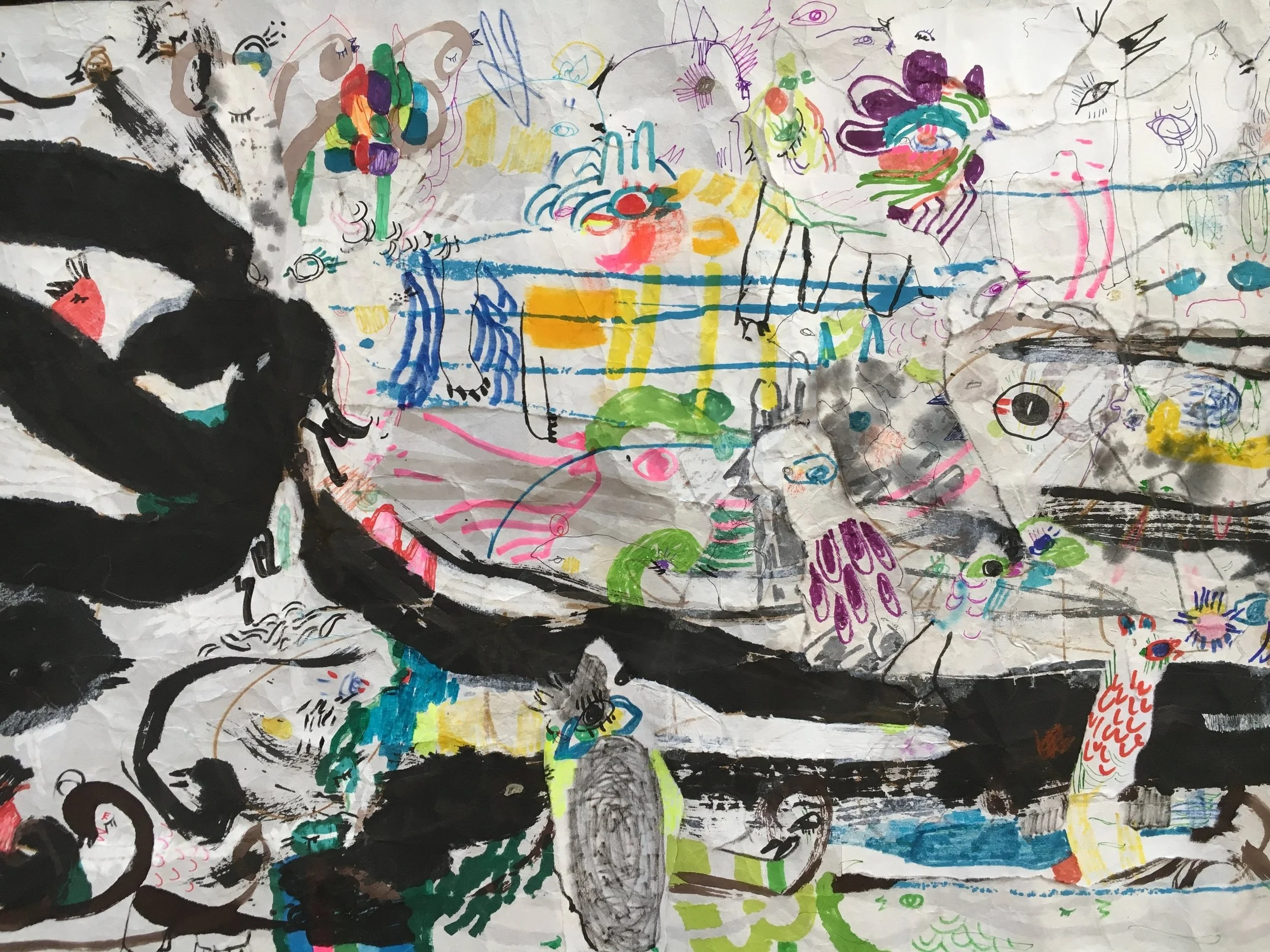 Up Above and All Around, Scroll Section 21 Ink, crayon, dye, watercolor, acrylic, pencil, and rice paper on mulberry paper 2.5 x 30 feet*
