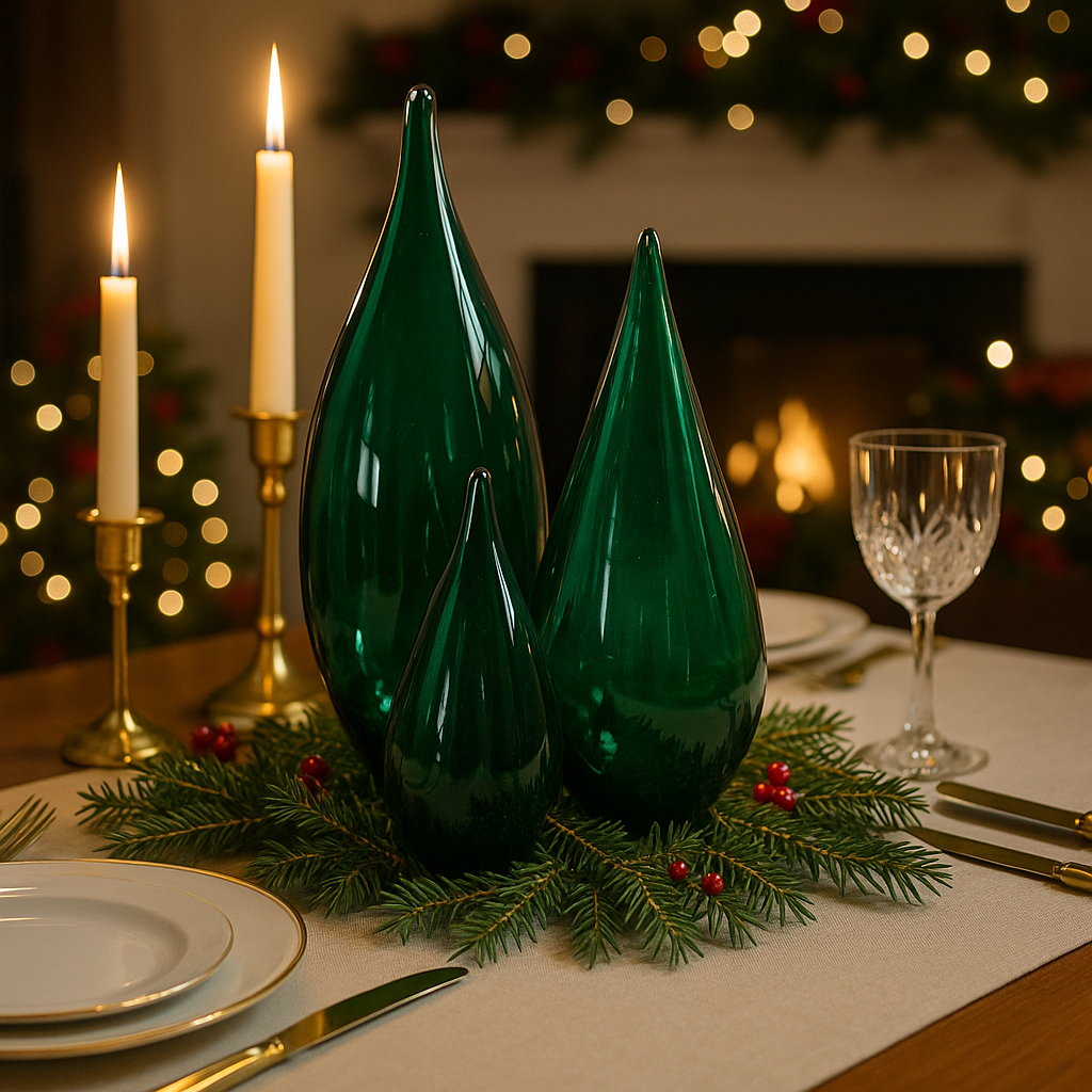 Emerald Glass Trees on Festive Table.png