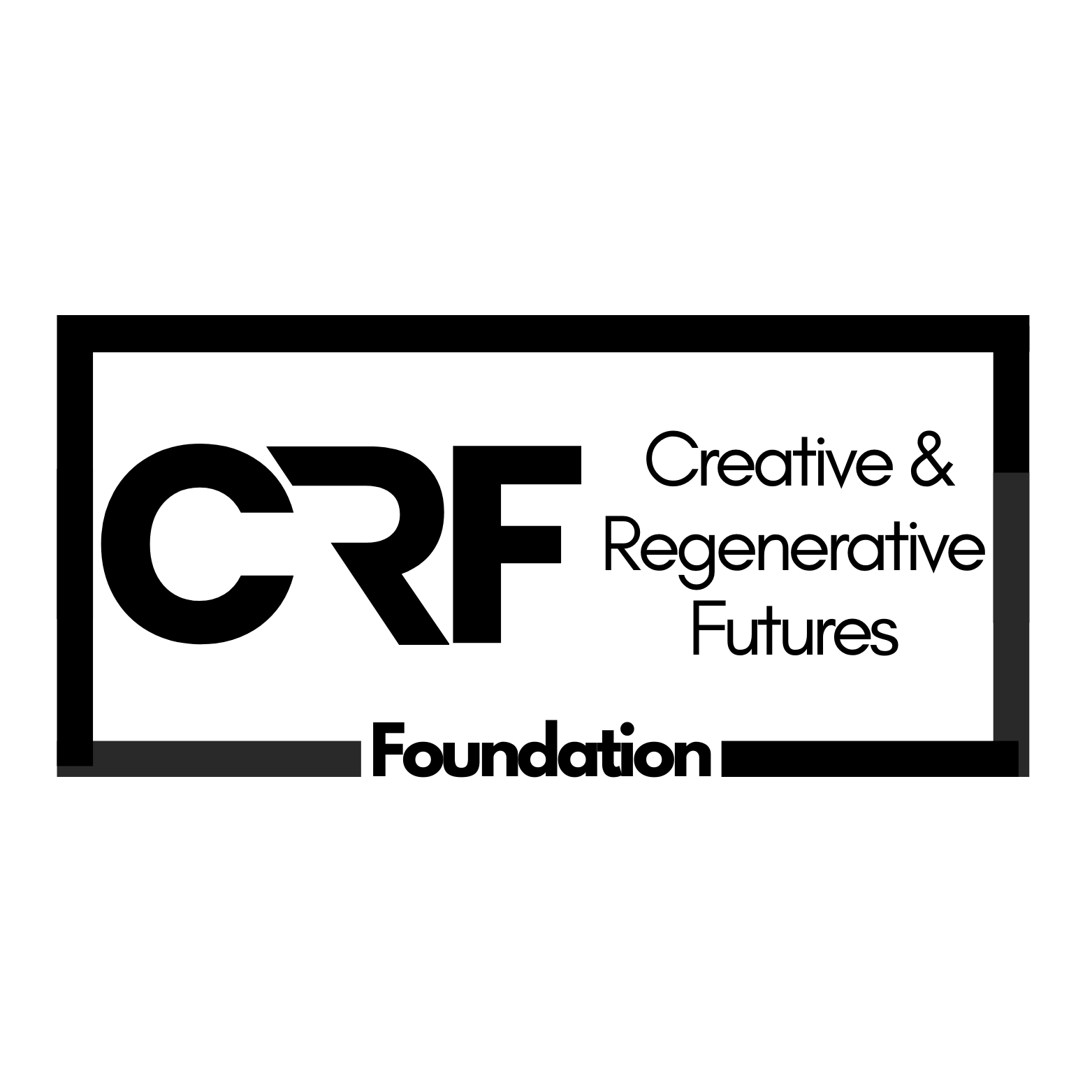 Black and white logo with a black frame highlighting the  words CRF Creative & Regenerative Futures Foundation.
