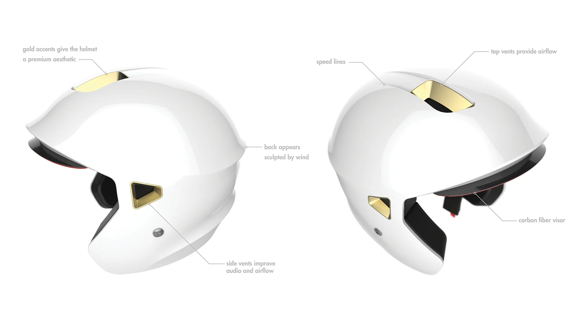This helmet uses soft, sweeping curves to convey speed that come to a crease on the back improving aerodynamics. The large, gold anodized vents provide air and sound flow to the interior while giving it a premium look and feel. 