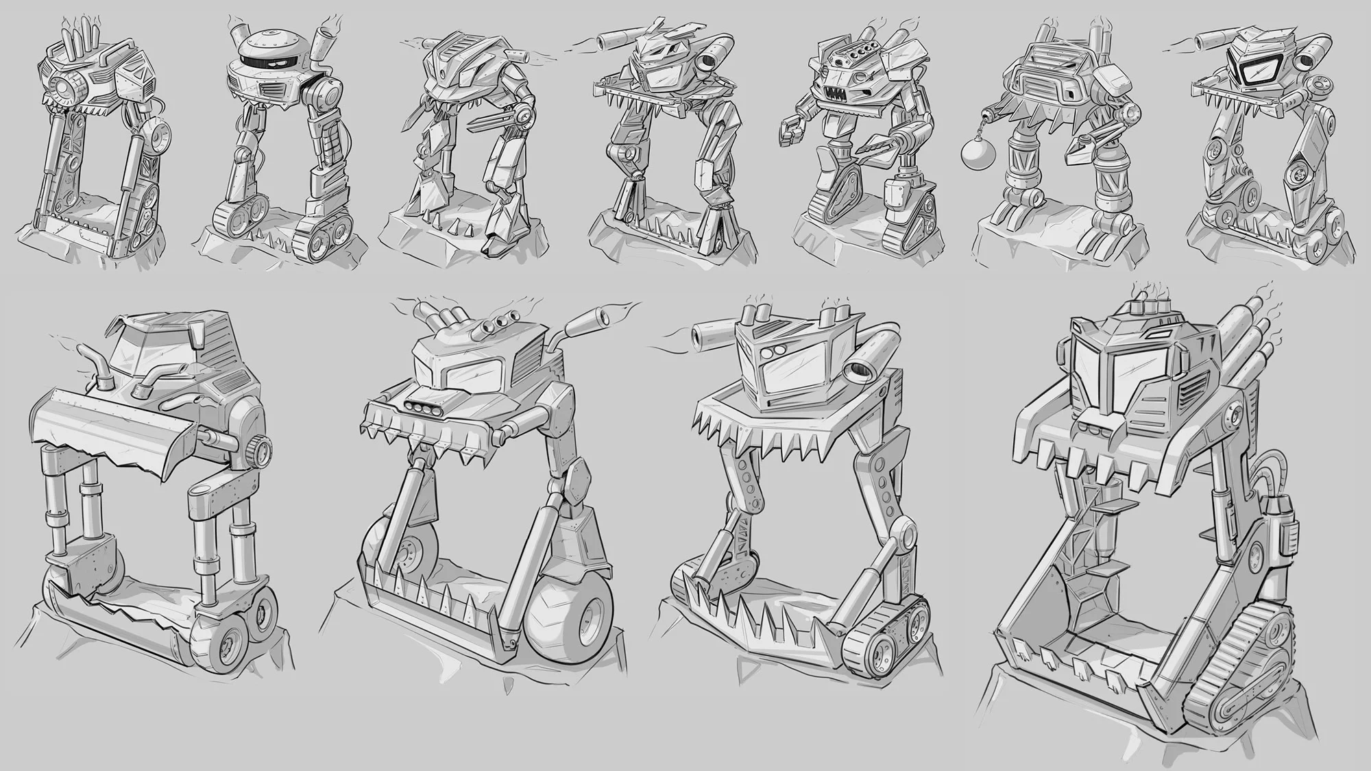  Many concepts were explored, each using car, machine, and junkyard parts to tell a story of how the Smash Dozer came to be. 
