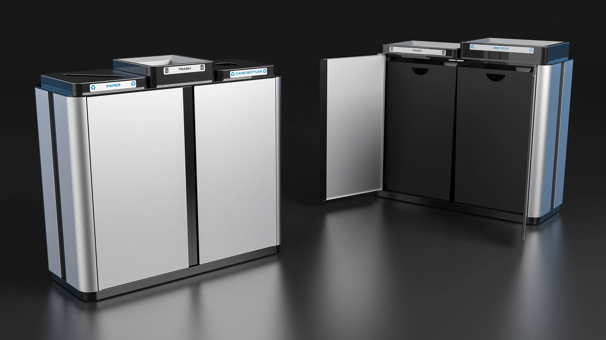 The Echelon unit is a premium receptacle with a high-end appearance that looks at home in a wide range of locations. It is adaptable to be used as a 2 or 3 compartment unit, and has an add-on canopy for outdoor use. 