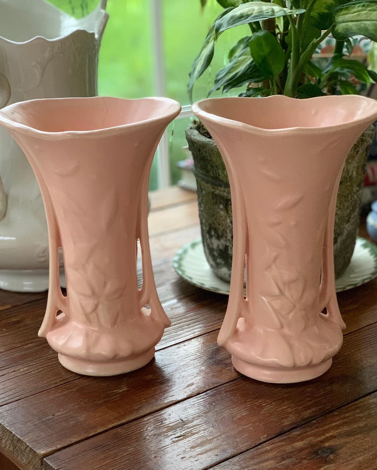 Fun Finds Sale.  Pair of 8&rdquo; McCoy pink vases.  See pics for hairline cracks in inside of vases.  Faint and only on inside. $58 plus shipping or local pickup.  #lillytgrace #mccoypottery #pinkvases #vintagepottery #pottery #funfinds