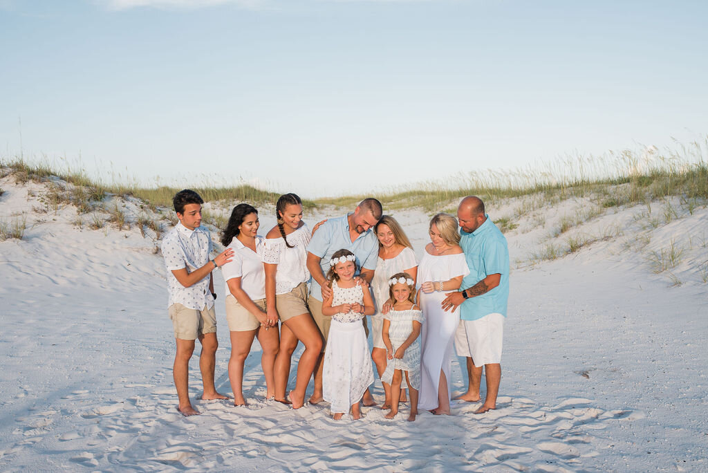 extended family at beach in dunes-pensacola family photographer