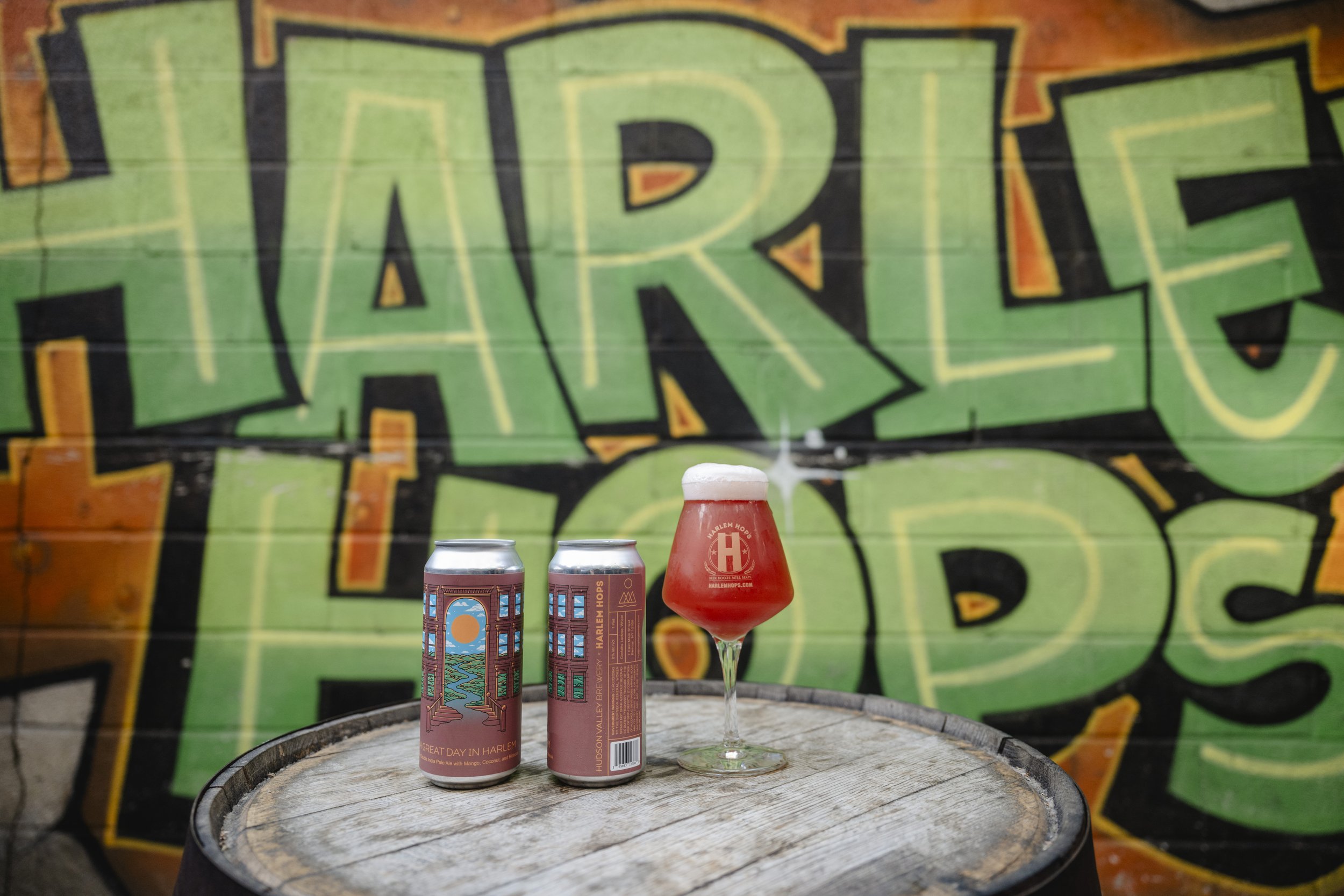A Great Day In Harlem Sour Double IPA in glass and can in the backyard of Harlem Hops.