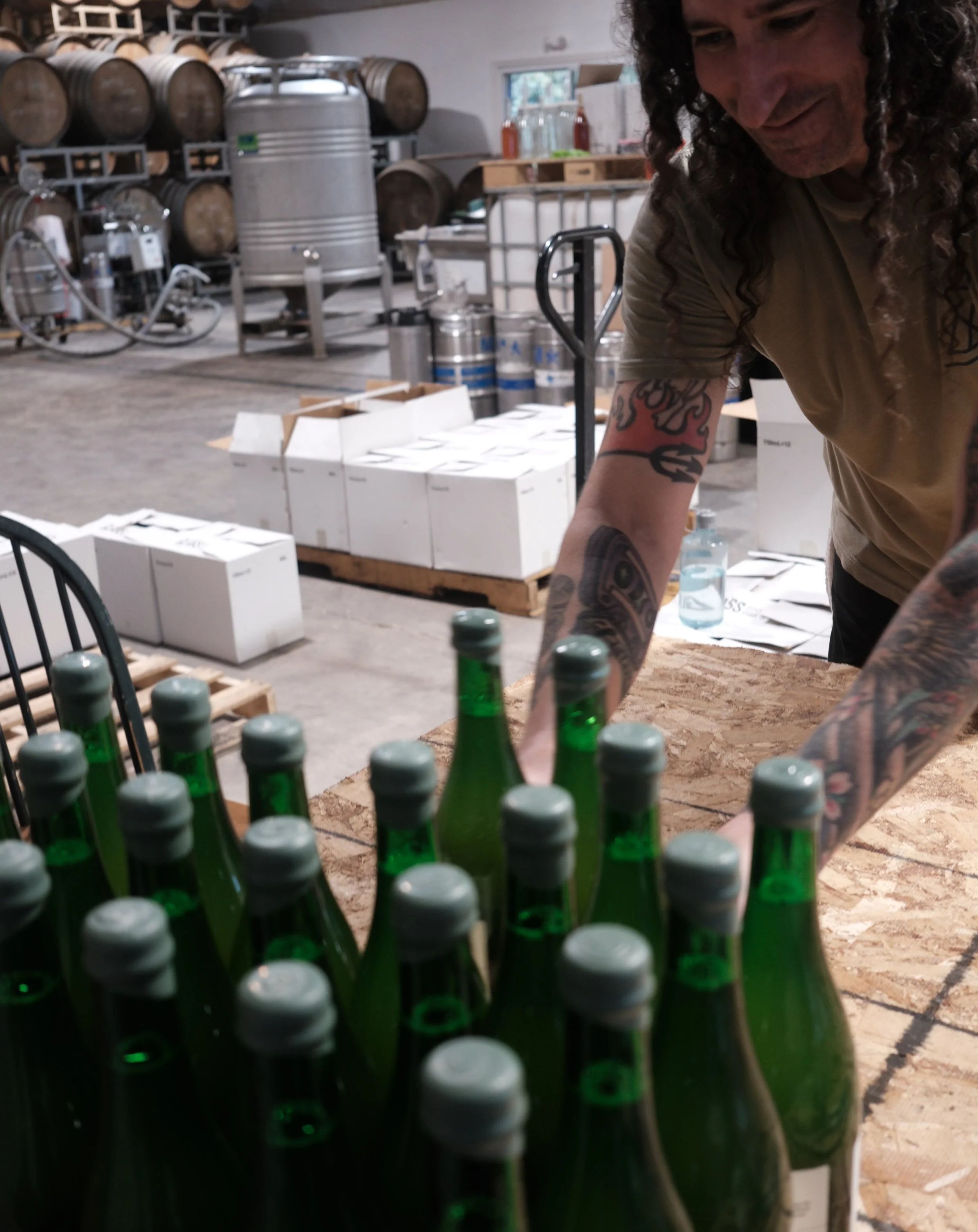 Bottles lined up and drying. They’ll return to their boxes before we truck them down to Beacon.