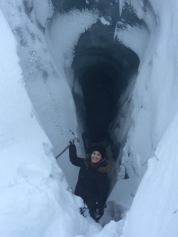 Doesn't everyone hike glaciers in leopard print scarves?