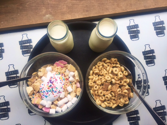 Left: a homemade concoction called Unicorn Poop which is mostly sprinkles and marshmallow fluff. Right: Cinnamon Toast Crunch + Honey Cheerios