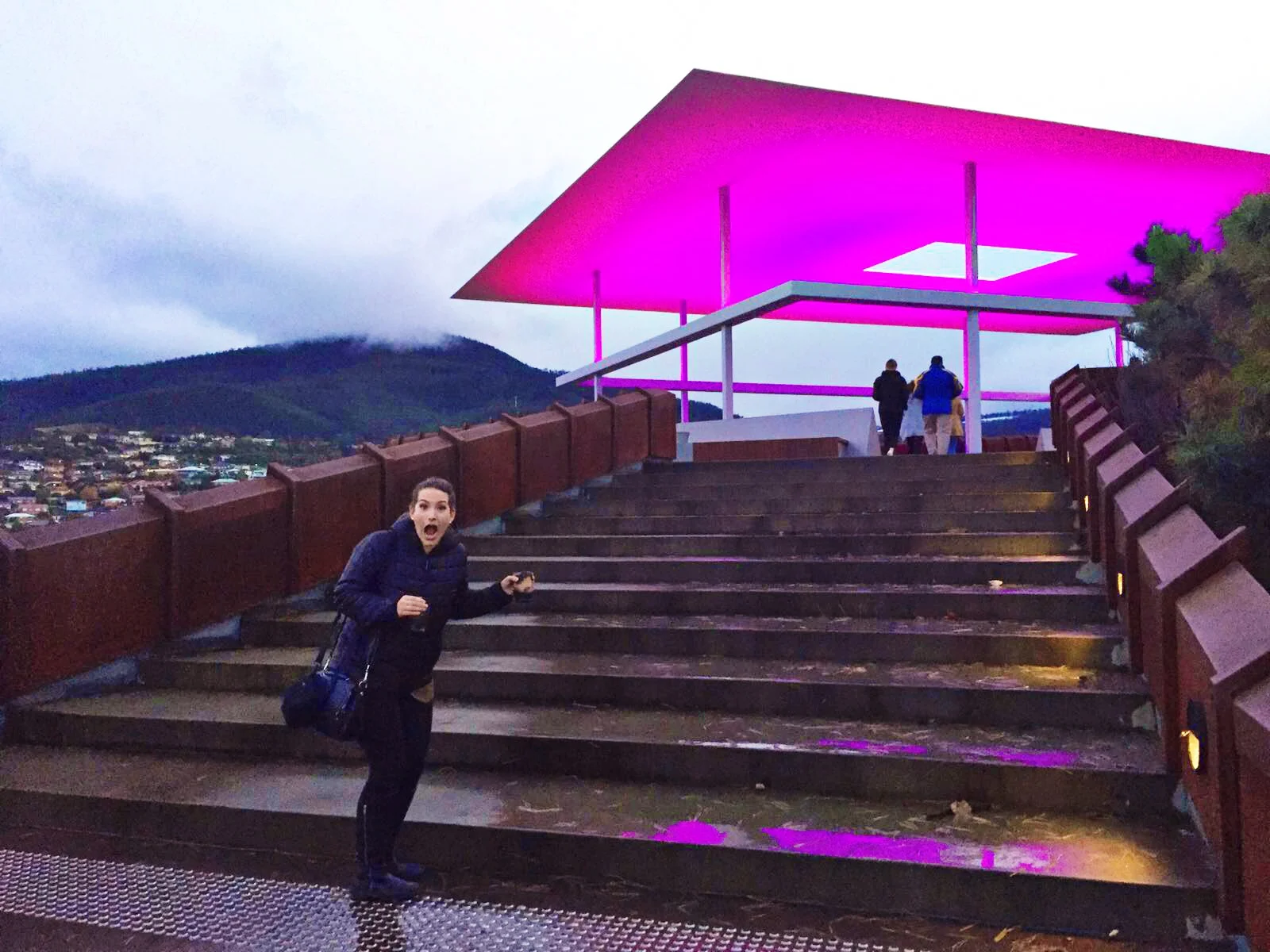 A note on this exhibit: The color of the structure changes in such a way that when you are underneath it, your perception of the outside (city, mountains, sky) changes. So sometimes the world looked royal blue and sometimes in looked bright red. A trippy experience when you're hitting the bottle