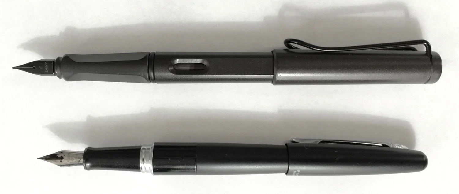 The Pilot Metropolitan is shorter, with a thinner grip than the Lamy Safari. Despite its smaller stature, the Metropolitan has more heft, due to its brass body.