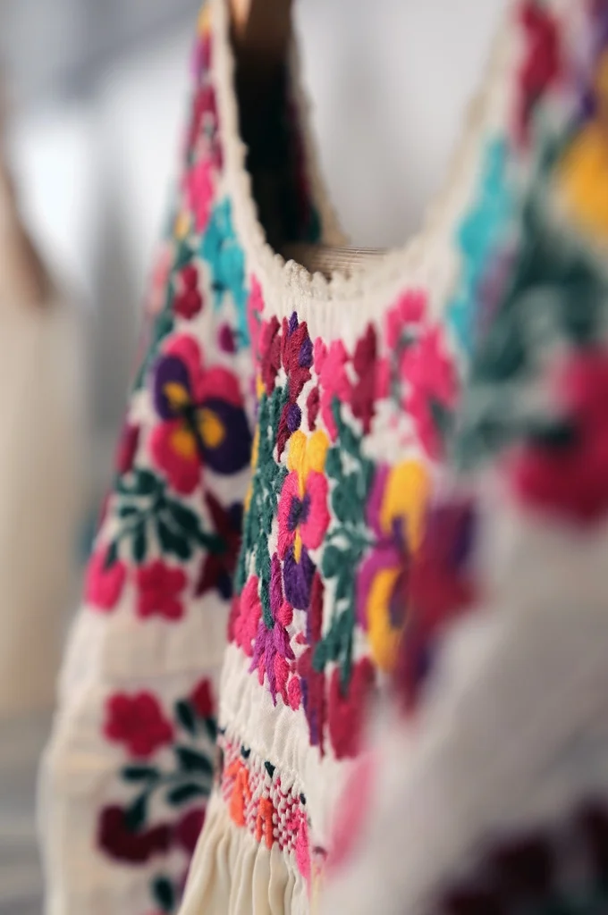 Close-up of a traditional embroidered dress with colorful floral patterns.