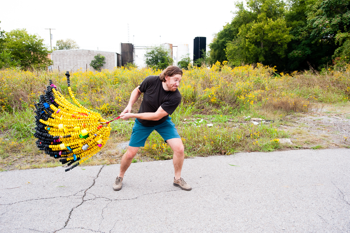 Yellow Thrower 2013, Plastic , wire and rope, 34 x 23 x 23 inches