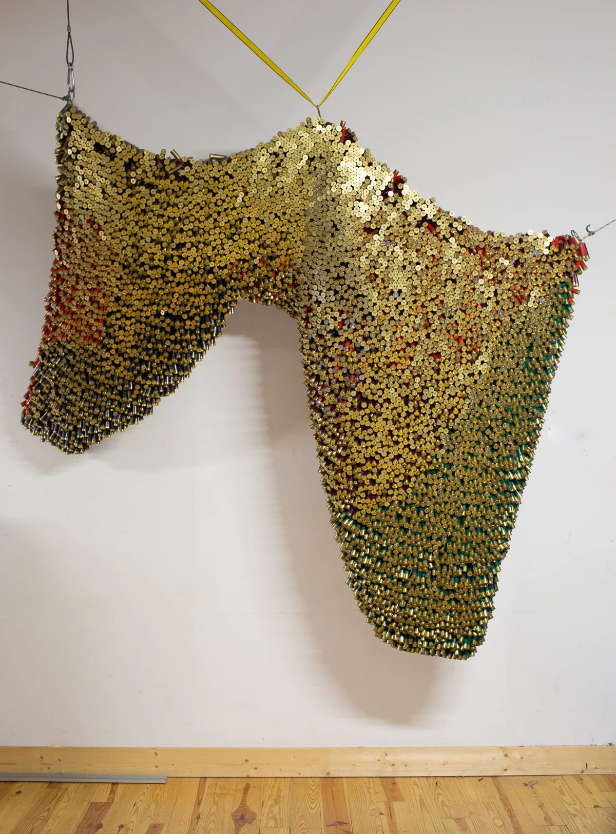 Shotgun Shell Wall Hanging 2015, Used shotgun shells, nylon mesh, plastic, 6 x 8 feet